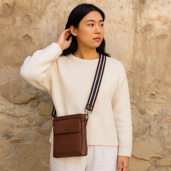 Leather Brown Crossbody Shoulder Bag for Men & Women –Sling Bag for Daily Use - Picture 2 of 10